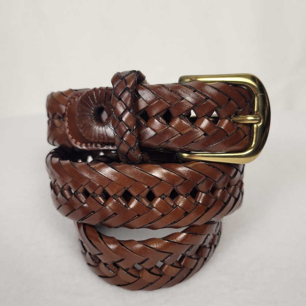 LL Bean Mens Belt Sz 40 Braided Woven Brown Full Grain Leather Brass Buckle VTG